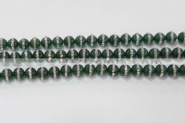 CAG8623 15.5 inches 14mm round green agate with rhinestone beads