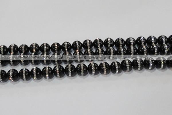 CAG8633 15.5 inches 14mm round black agate with rhinestone beads