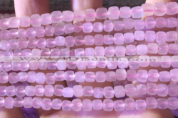 CCU806 15 inches 4mm faceted cube rose quartz beads