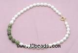 CFN448 9 - 10mm rice white freshwater pearl & China jade necklace