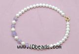 CFN705 9mm - 10mm potato white freshwater pearl & lavender amethyst necklace