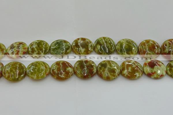 CNS627 15.5 inches 25mm flat round green dragon serpentine jasper beads