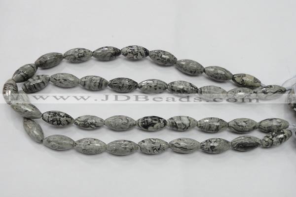 CPT122 15.5 inches 10*20mm faceted rice grey picture jasper beads