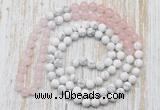GMN6402 Hand-knotted 8mm, 10mm rose quartz & white howlite 108 beads mala necklaces