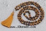 GMN739 Hand-knotted 8mm, 10mm yellow tiger eye 108 beads mala necklaces with tassel