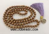 GNBS66 Hand-knotted 6mm yellow sandalwood 108 beads mala necklace with tassel & charm