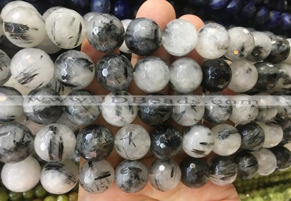 LSBS957 15 inches 14mm faceted round black rutilated quartz gemstone beads wholesale